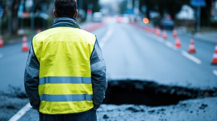 engineer in reflective vest standing near a hole in the road during carriageway work no logos no brands ar 169