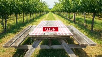 A table with a red and white checkered tablecloth and a sign that says "SALE" on it