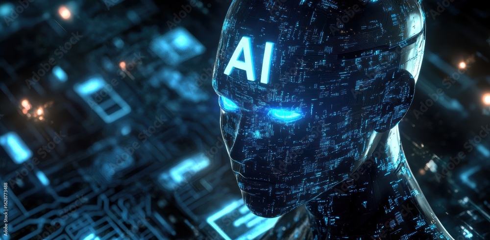 Poster futuristic ai robot head with glowing letters symbolizing artificial intelligence and digital techno