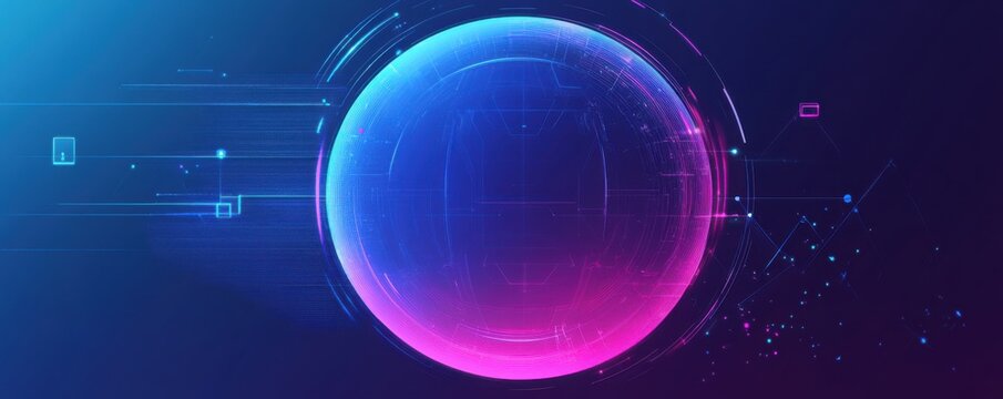 Futuristic abstract vector design featuring a glowing pink and blue sphere with digital elements, perfect for modern app and tech interfaces.