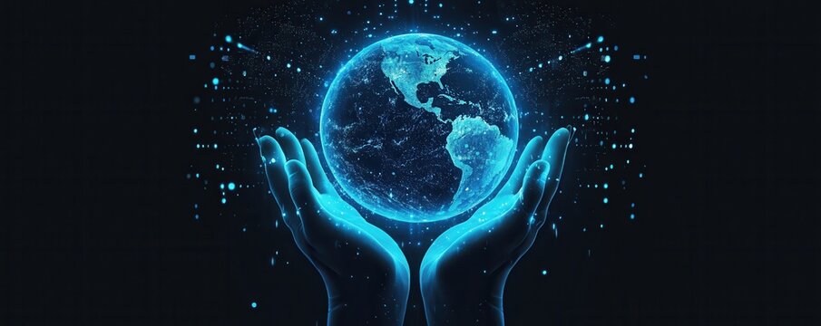 Abstract illustration of two hands gently holding the Earth, symbolizing global unity and environmental responsibility in a digital, futuristic design.