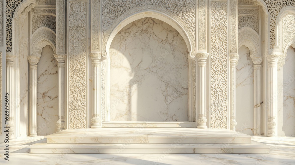 Poster intricate arabesque pattern in ornate architectural setting with arches and pillars, bathed in soft 