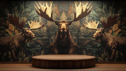 Elegant Canadian moose mural in rustic setting with intriguing stage, showcasing majestic wildlife art and natural beauty