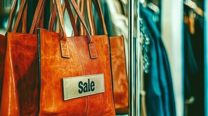 A brown purse with the word Sale written on it. The purse is hanging on a rack with other bags
