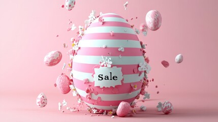 A pink and white striped egg with a pink and white sign that says Sale. The egg is surrounded by other eggs and has a lot of pink and white decorations