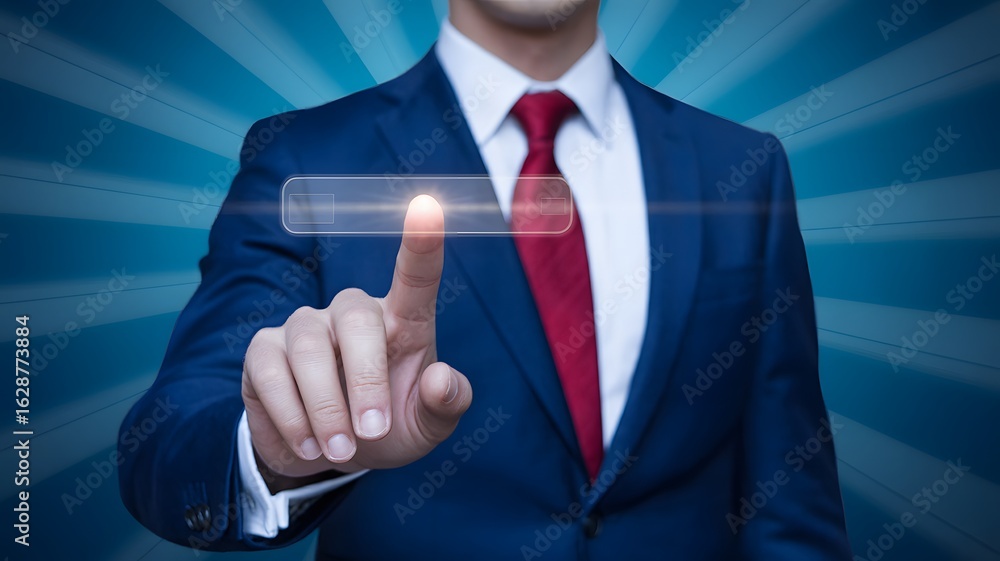 Poster businessman in suit touching virtual button on futuristic interface with technology background and b