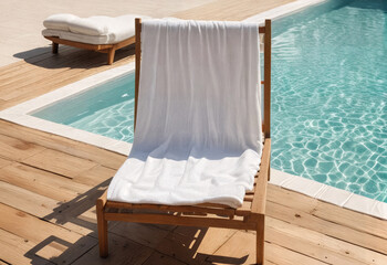 Blank white towel mockup on lounger near pool, ai generated