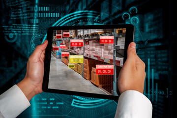 Smart warehouse management system using augmented reality technology to identify package picking and delivery . Future concept of supply chain and logistic business .