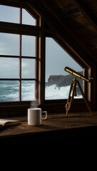 A Cozy Attic Retreat with a Steaming Cup of Coffee, Open Book, and Vintage Telescope Overlooking a Dramatic Seascape