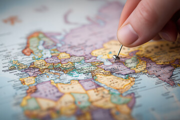 Hand holding GPS pin over world map