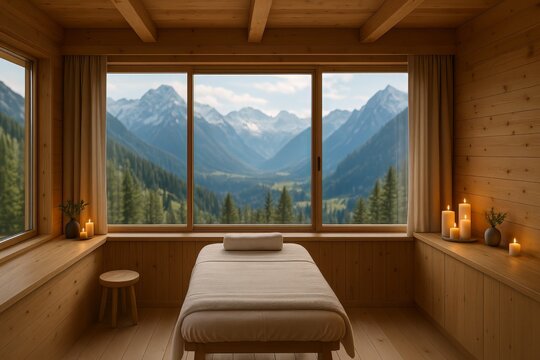 Spa room with mountain view, offering serene relaxation. Wooden interior creates a warm, natural ambiance.