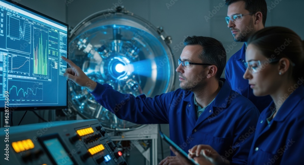 Poster engineers monitor realtime data from a satellite ion thruster operating in a vacuum chamber during p