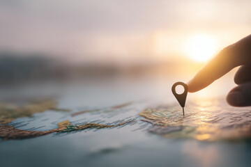 Hand holding GPS pin over world map
