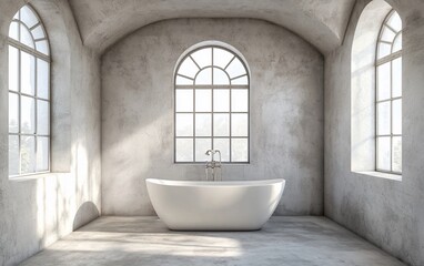 Modern Concrete Bathroom Interior with Large Arch Window