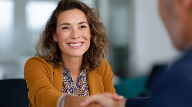 Professional Female Executive Shaking Hands with Male Colleague in Office