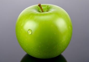 A shiny green apple with a single water droplet on its surface, resting on a reflective gray background.