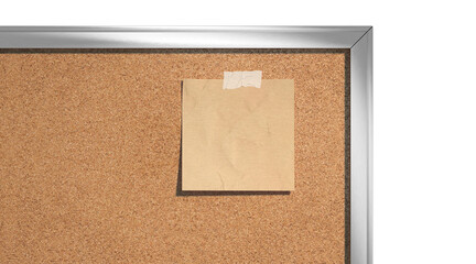 Blank craft paper note taped cork-board mockup, depth of field