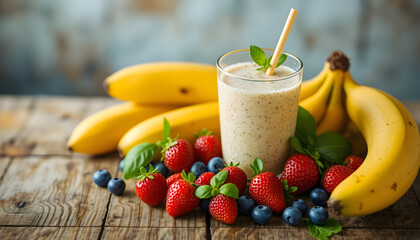 "Delicious Banana Smoothie with Fresh Berries and Basil Leaves – A Perfect Healthy Drink"