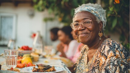 happy african people eating dinner together at home terrace outdoor holidays and family concept soft focus on senior woman face no logos no brands ar 169