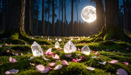 Crystals Glowing on Moss with Petals Under a Full Moon in Forest