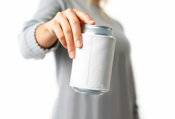 Hand holding white koozie with silver can mockup, ai generated
