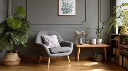 Naklejka premium grey armchair next to a wooden table in living room interior with plant and poster no logos no brands ar 169