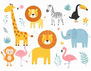 Obraz premium Generated image Colorful illustration set representing animals and nature with a playful touch, perfect for educational and children’s projects inspired by Brazilian wildlife.