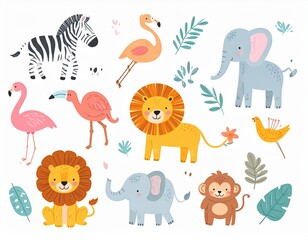 Naklejka premium Generated image Colorful illustration set representing animals and nature with a playful touch, perfect for educational and children’s projects inspired by Brazilian wildlife.