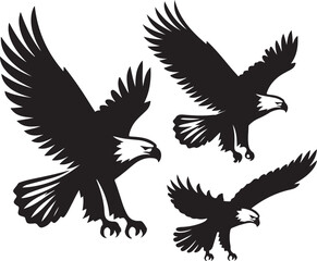 Three black eagles in flight on white background bird