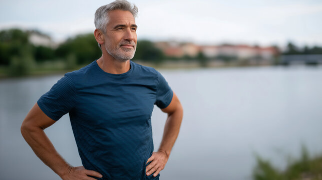 Confident senior sportsman celebrating achievement by the riverbank