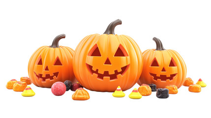 Fototapeta premium Three jack-o'-lanterns and Halloween candy isolated on a transparent background