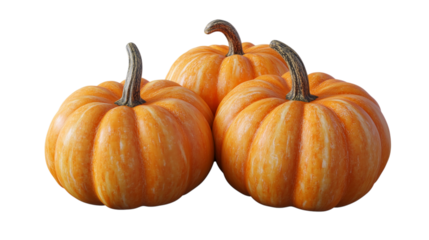 Three mini pumpkins isolated on a transparent background, perfect for the fall season