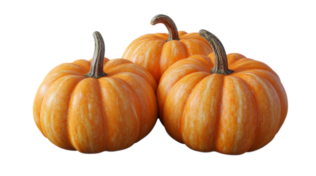 Three mini pumpkins isolated on a transparent background, perfect for the fall season