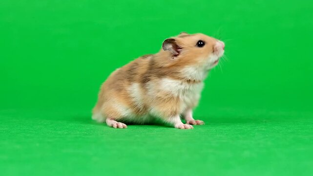 Adorable hamster exploring on vibrant green screen looking for food in a studio setting for pet adoption ads