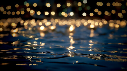 Defocused golden candle lights floating on dark blue water, captured at night with shimmering reflections and soft bokeh lights