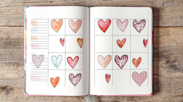 Watercolor Heart Grid in Open Bullet Journal on Wooden Table