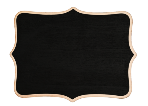 Decorative figured black chalk board with wooden border isolated on white background. Can be used as price tag, sign, menu item or announcement. Ideal for rustic or vintage style projects.