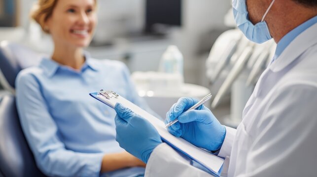 medicine dentistry and healthcare concept  male dentist with clipboard talking to female patient and discussing teeth treatment at dental clinic office no logos no brands ar 169
