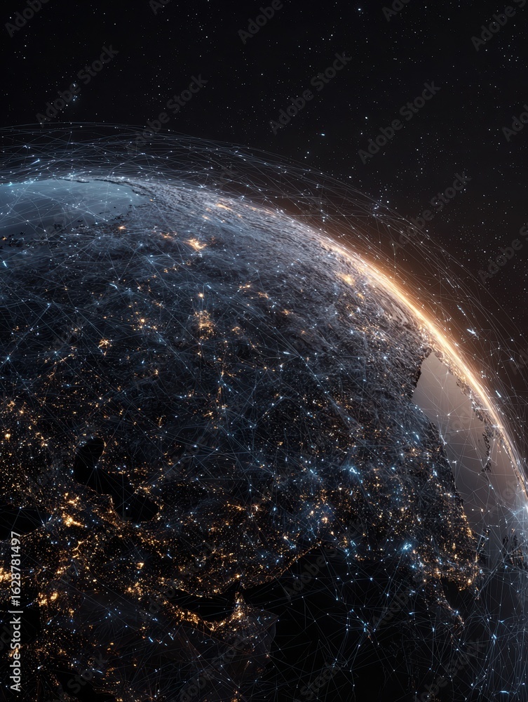 Poster global network connection covering the earth with lines of innovative perception concept of 5g wirel
