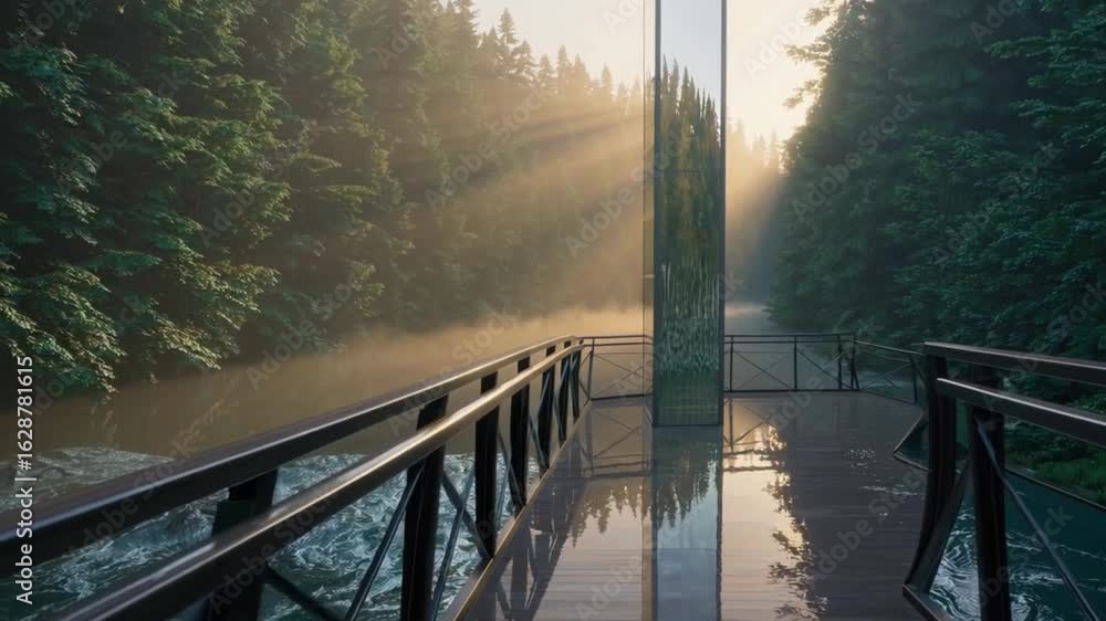 Poster a bridge over a river with a tall structure in the background