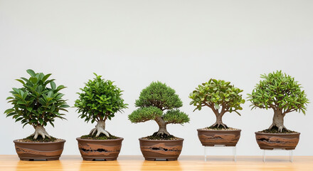 Five bonsai trees isolated on white background