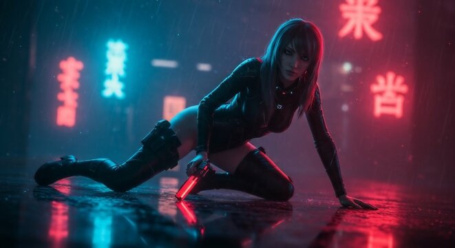 Futuristic woman in neon-lit urban setting.