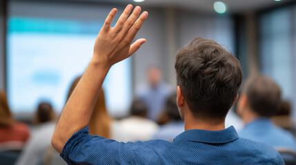 Engaged seminar attendee raising hand during financial report presentation