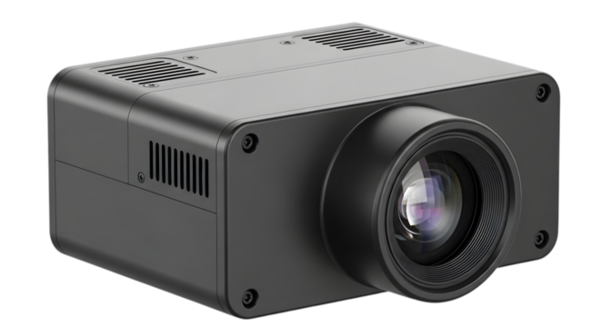 Art of black digital projector with lens isolated on transparent background