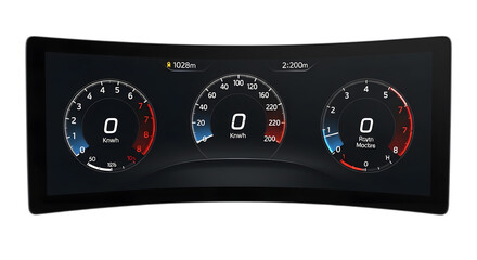 Art of modern car dashboard with digital speedometer and tachometer displays isolated on transparent background