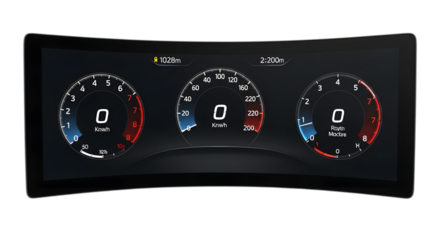 Art of modern car dashboard with digital speedometer and tachometer displays isolated on transparent background