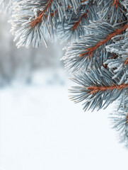 Frosted pine branches on left side isolated on white background, photograph