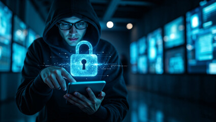 Man in black hoodie uses smartphone while focusing on illuminated digital lock symbol. Dark background with multiple screens enhances cyber security atmosphere