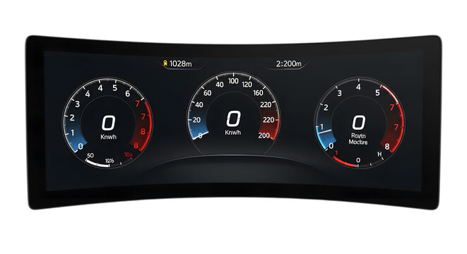 Art of modern car dashboard with digital speedometer and tachometer displays isolated on transparent background