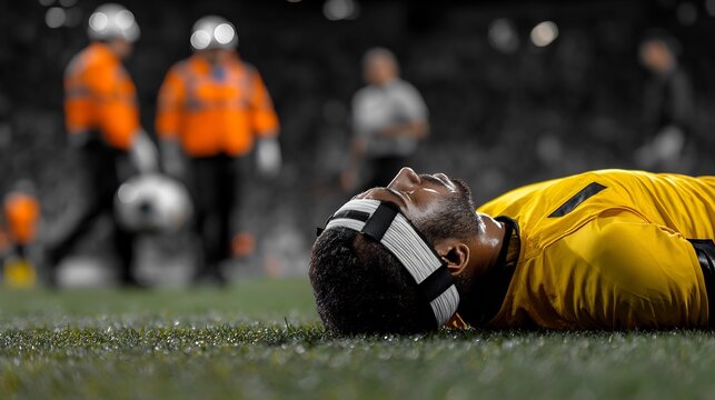 Goalkeeper concussion head injury during soccer match laying on field with medical staff attending serious sports accident concept